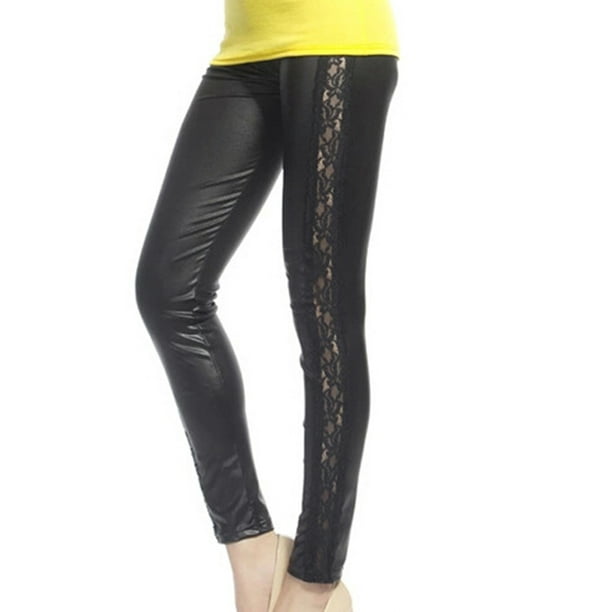 Women Stretch Hollow Out Lace Stitching Faux Leather Leggings Skinny Pants Novel
